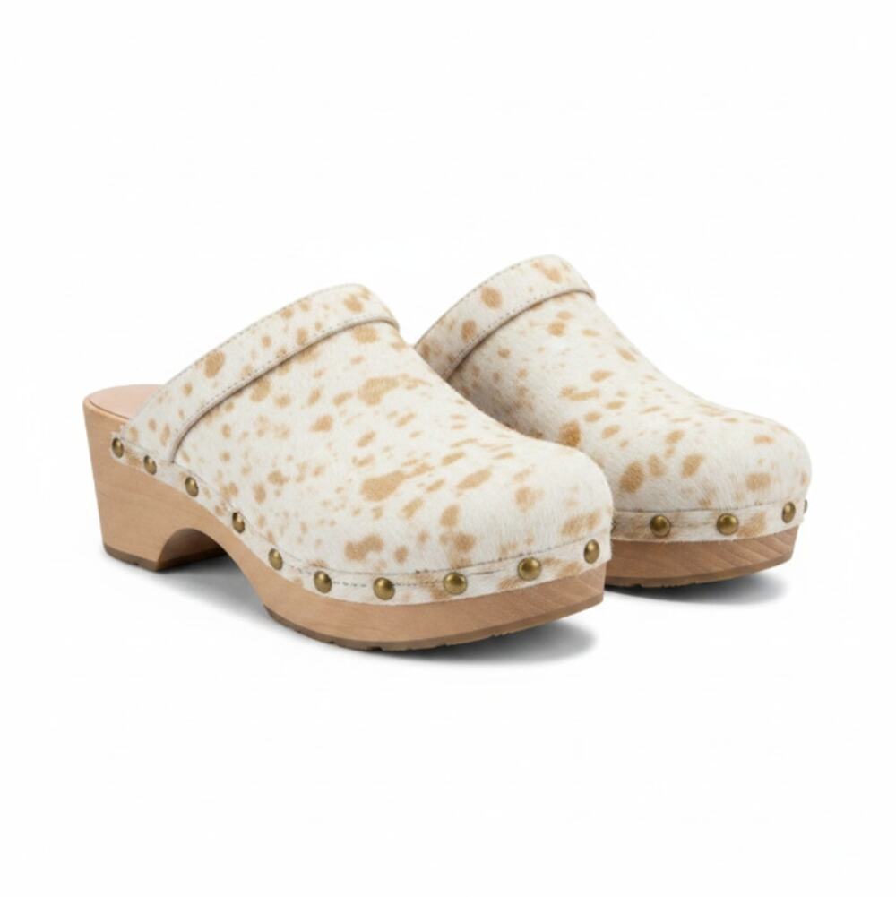 J.CREW Calf Hair Leather Convertible Strap Clogs Women 7.5 Wood Sole Studded